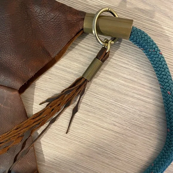 Elegant Brown and Tan Hobo Bag with Blue Handle - Picture 8 of 8